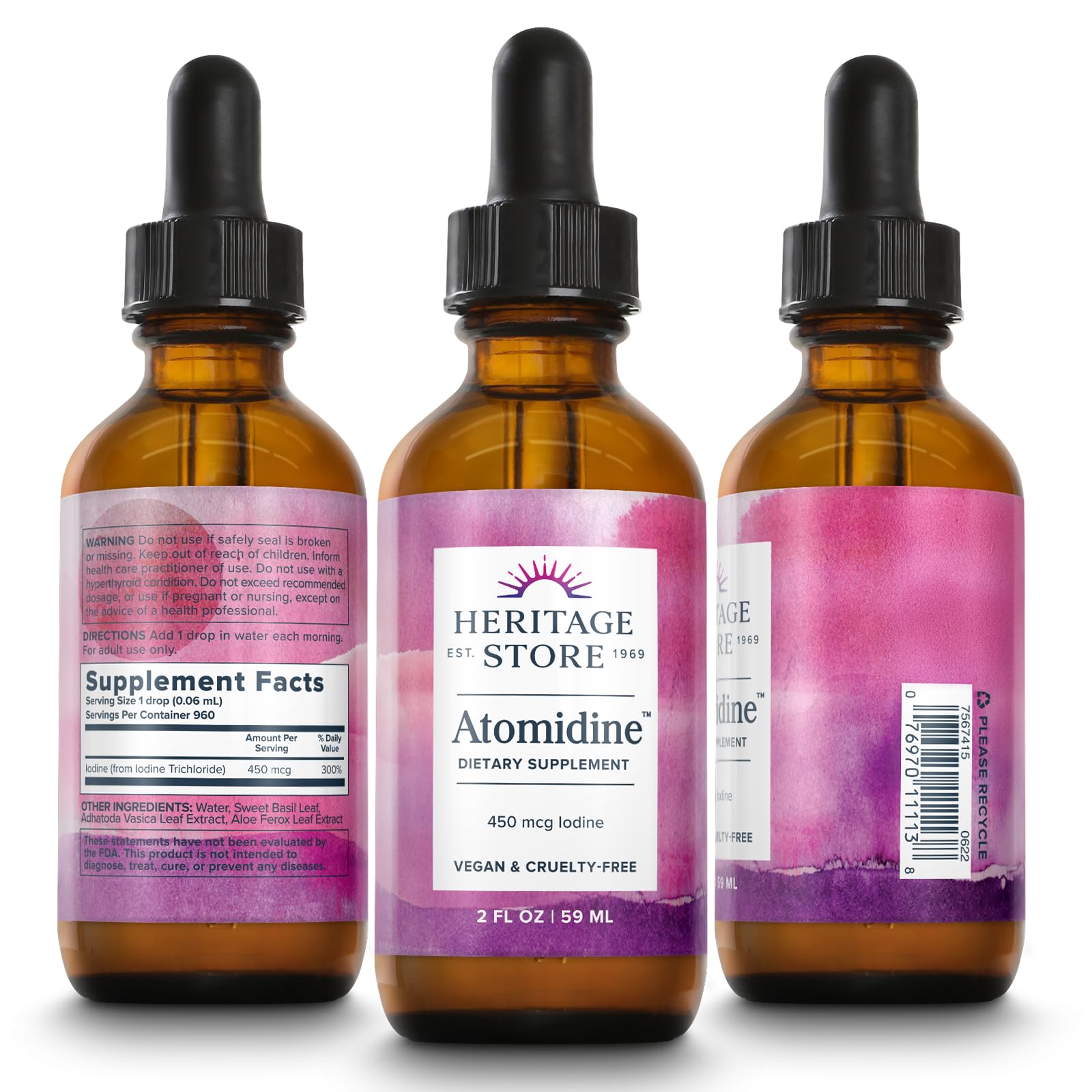 Heritage Store Atomidine dark glass bottle protects potency in storage.