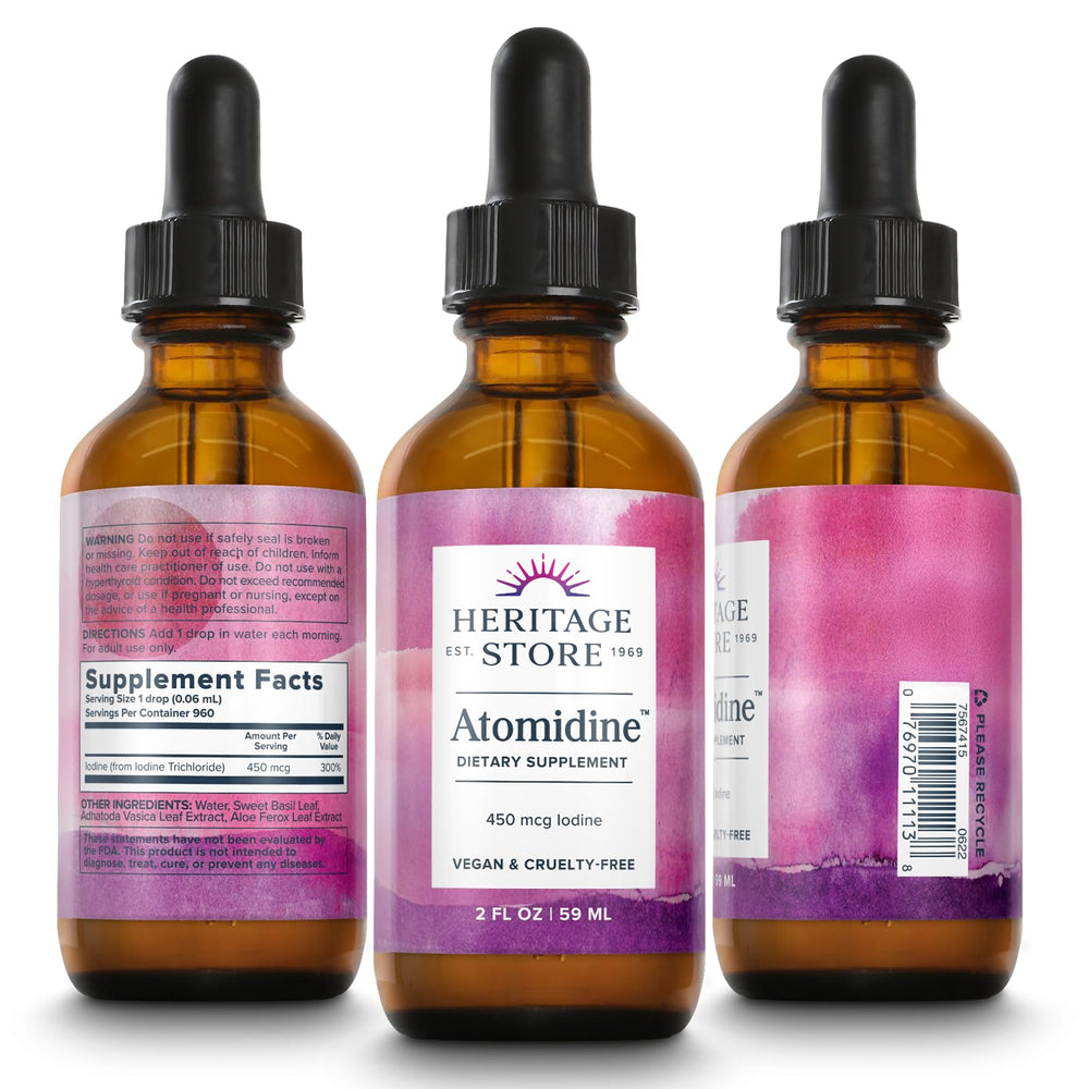 Heritage Store Atomidine dark glass bottle protects potency in storage.