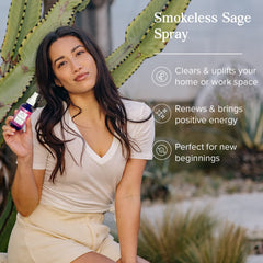 Close-up of Heritage Store Aura Smudge sage oil bottle showing juniper for cleansing energy