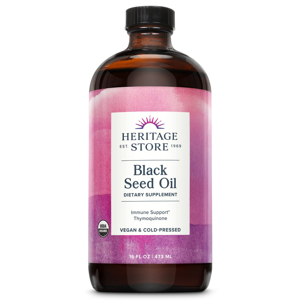 Heritage Store Black Seed Oil bottle close-up, highlighting purity and potential immune support.