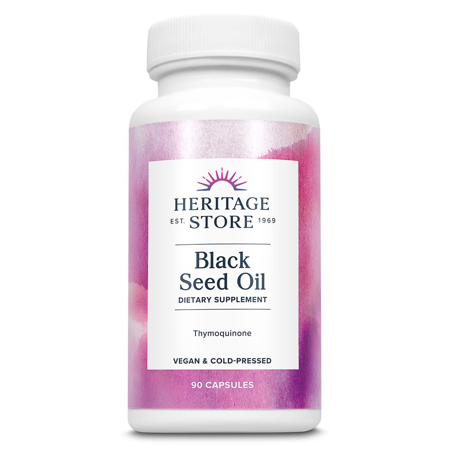 Heritage Store black seed oil capsules bottle front supports immune health and digestion.