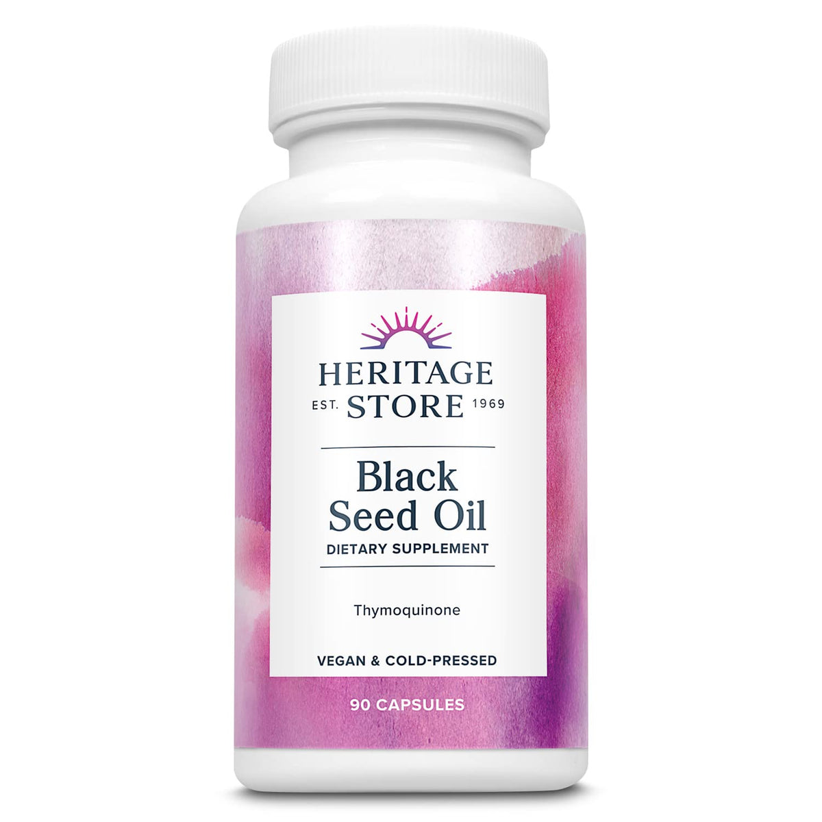 Heritage Store black seed oil capsules bottle front supports immune health and digestion.
