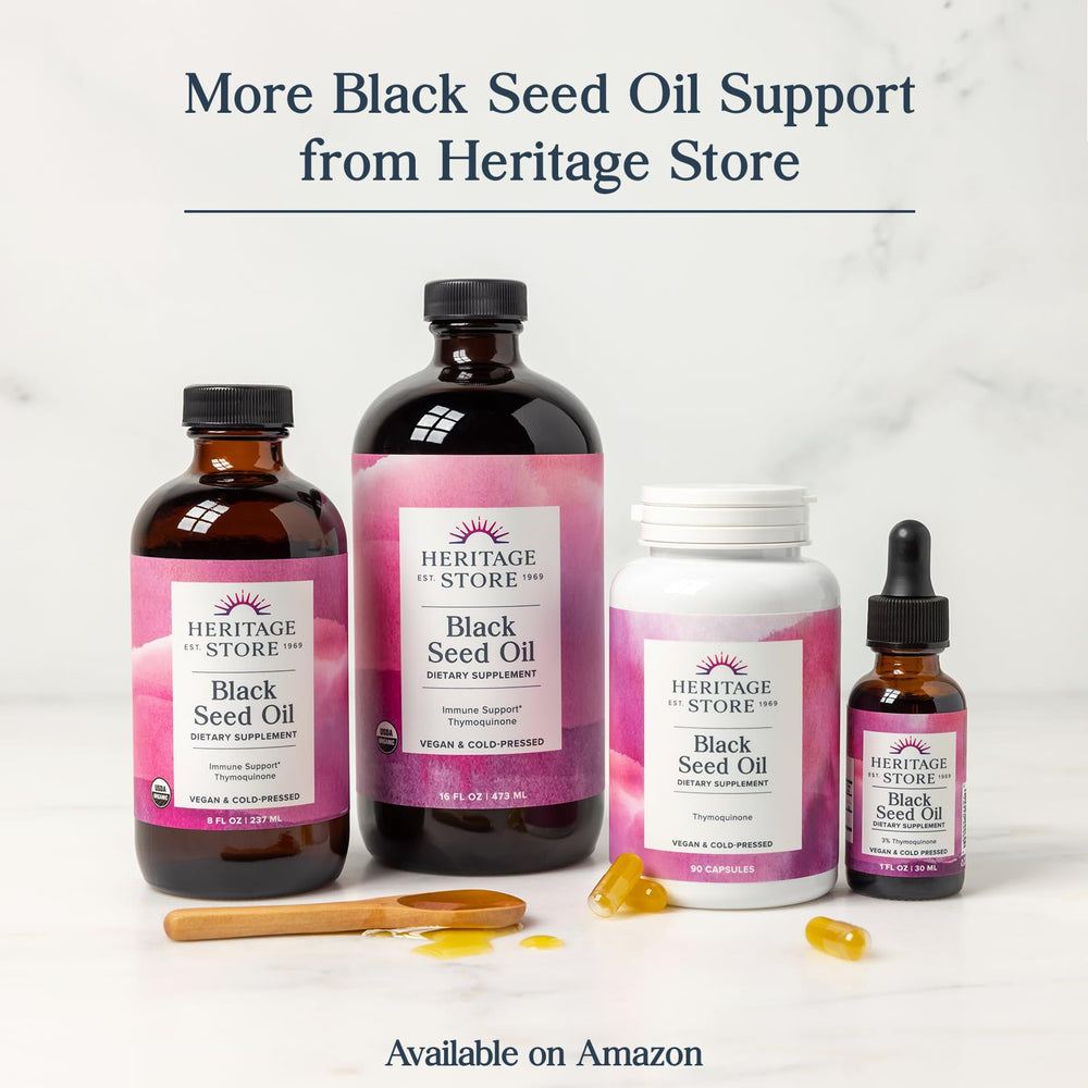Heritage Store Black Seed Oil bottle with vegan ingredients label, omega fatty acids ready for use.