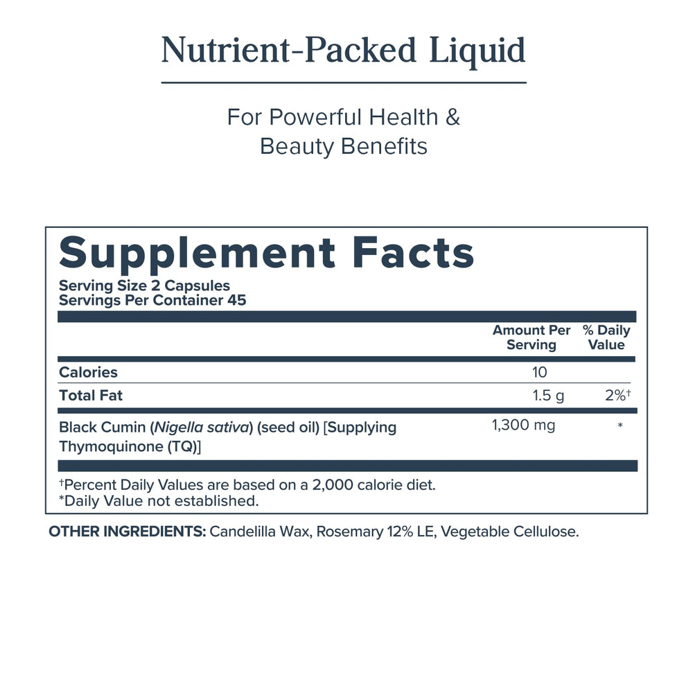 Heritage Store label detail showcases Nigella sativa oil origin and thymoquinone content.
