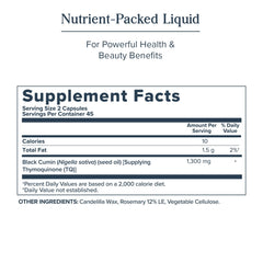 Heritage Store label detail showcases Nigella sativa oil origin and thymoquinone content.
