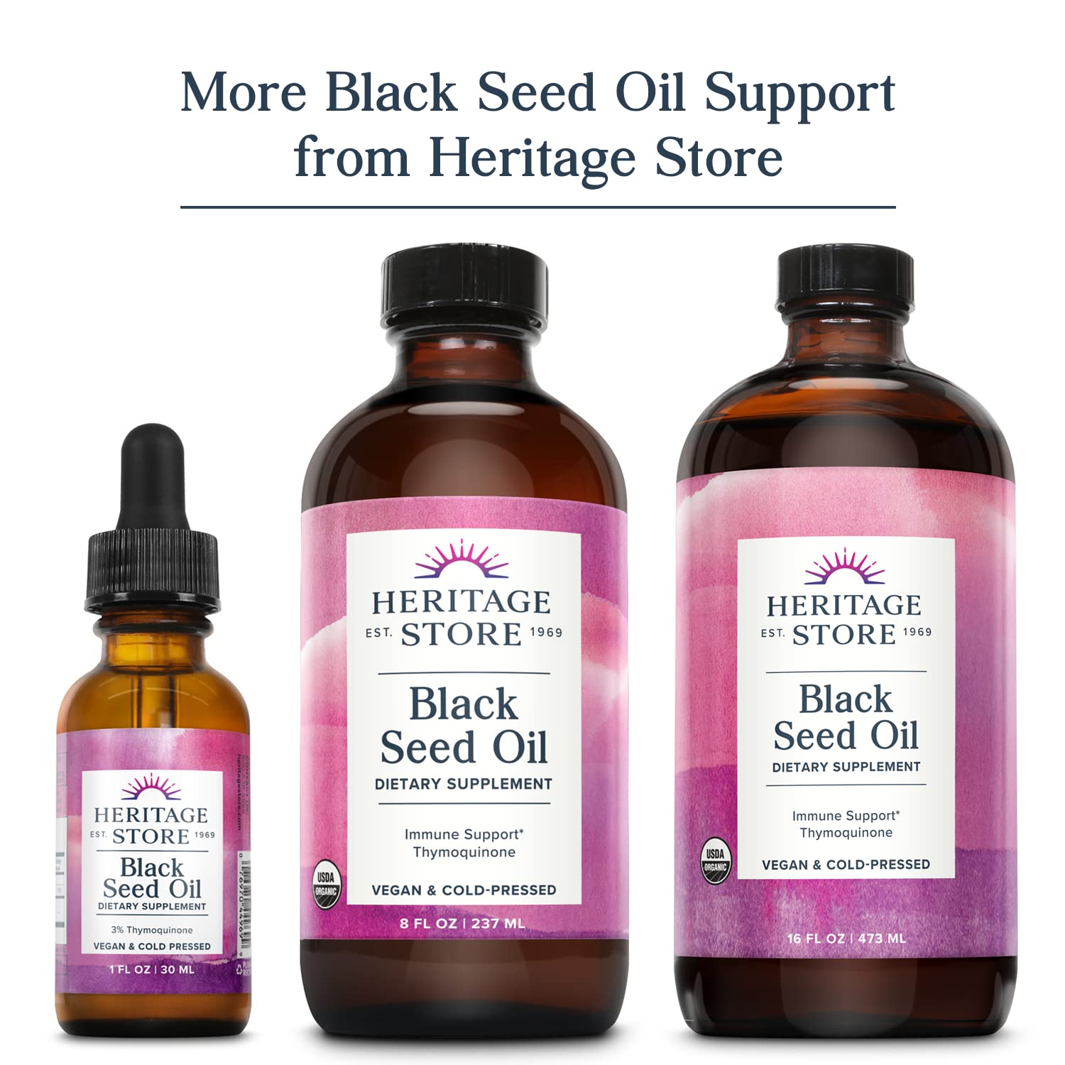 Heritage Store packaging box emphasizes vegan formula and consistent quality.
