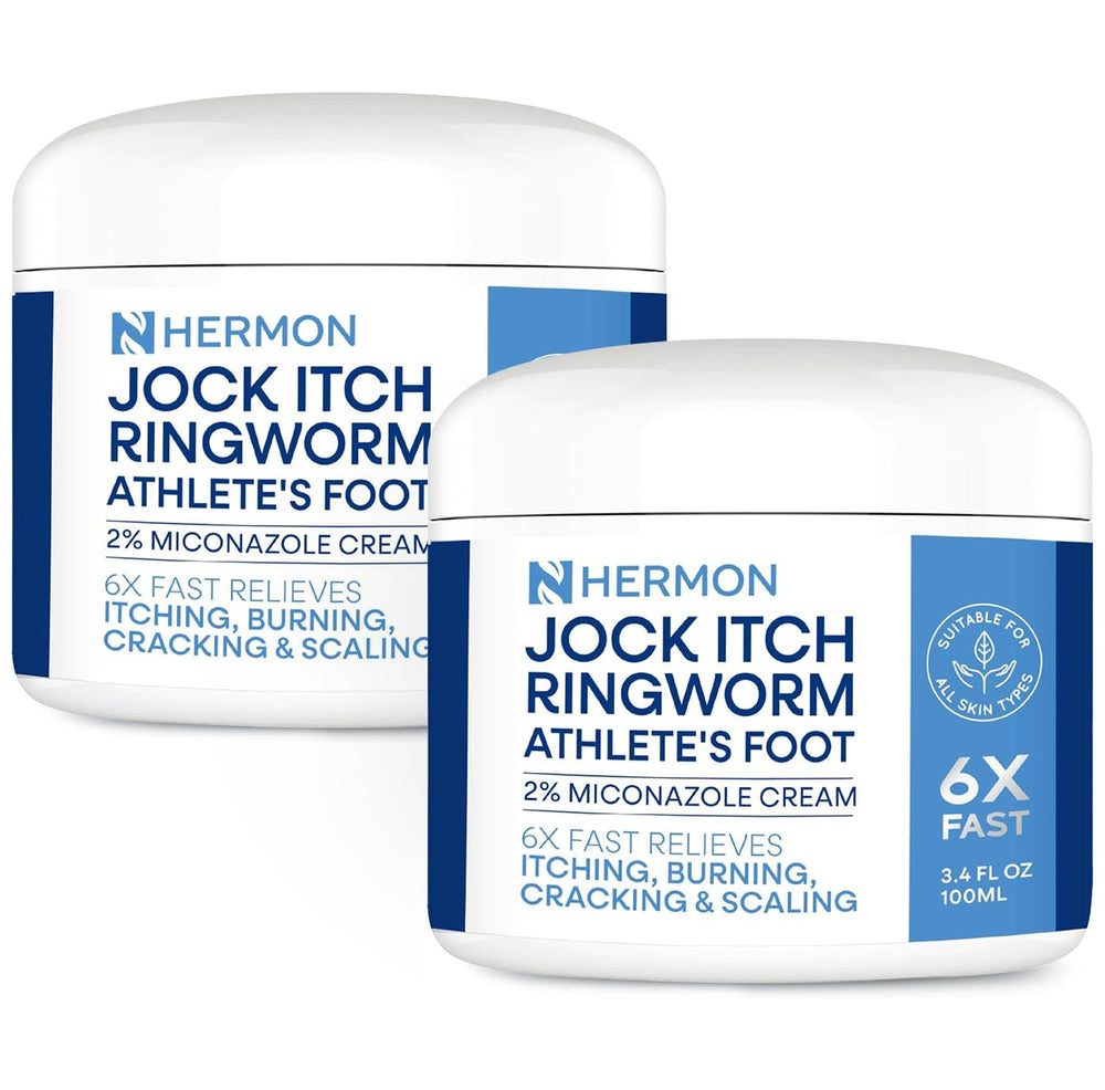 Hermon Jock Itch Cream 2-pack packaging showing on-the-go relief for skin.