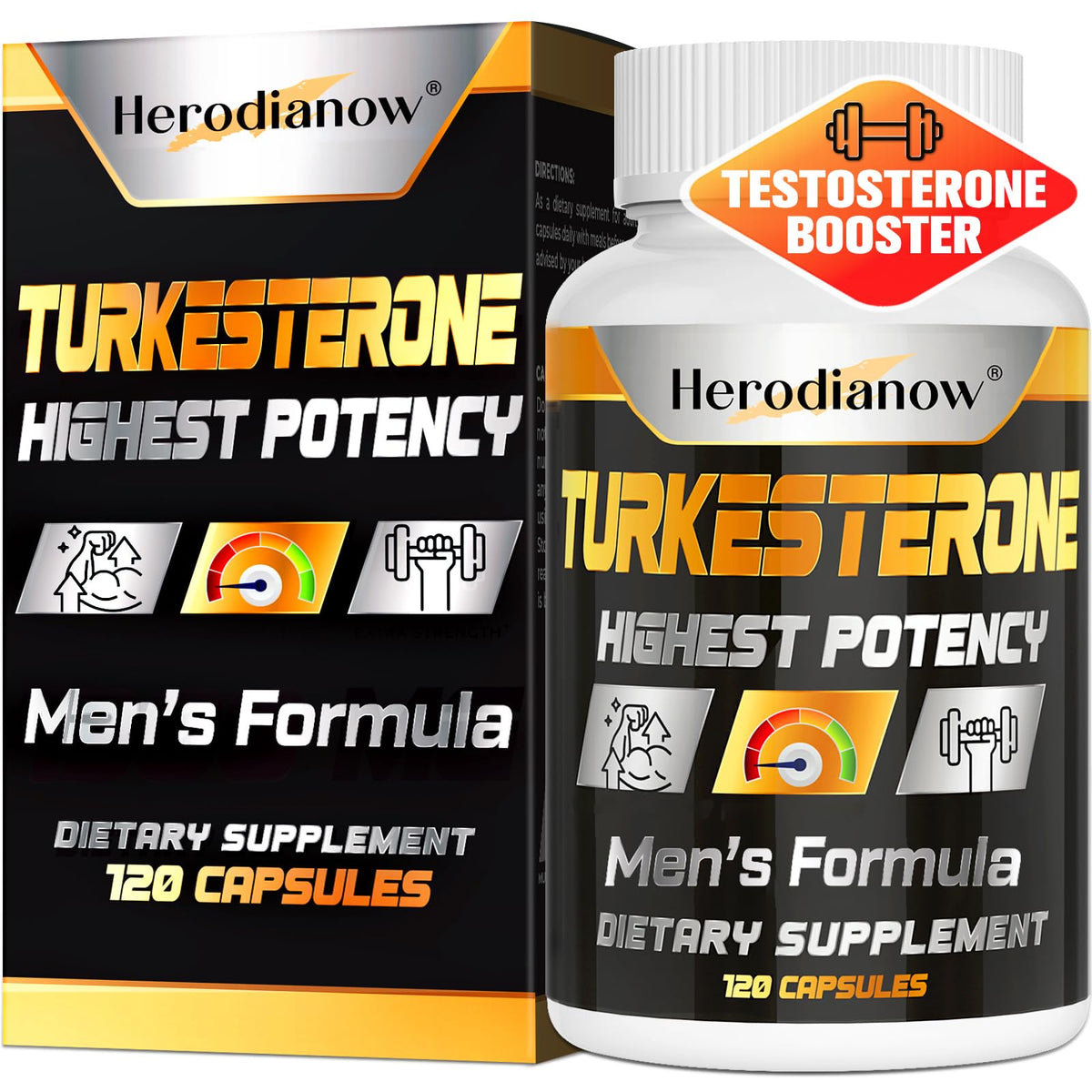 Herodianow testosterone bottle front view highlighting 120 capsules for daily use