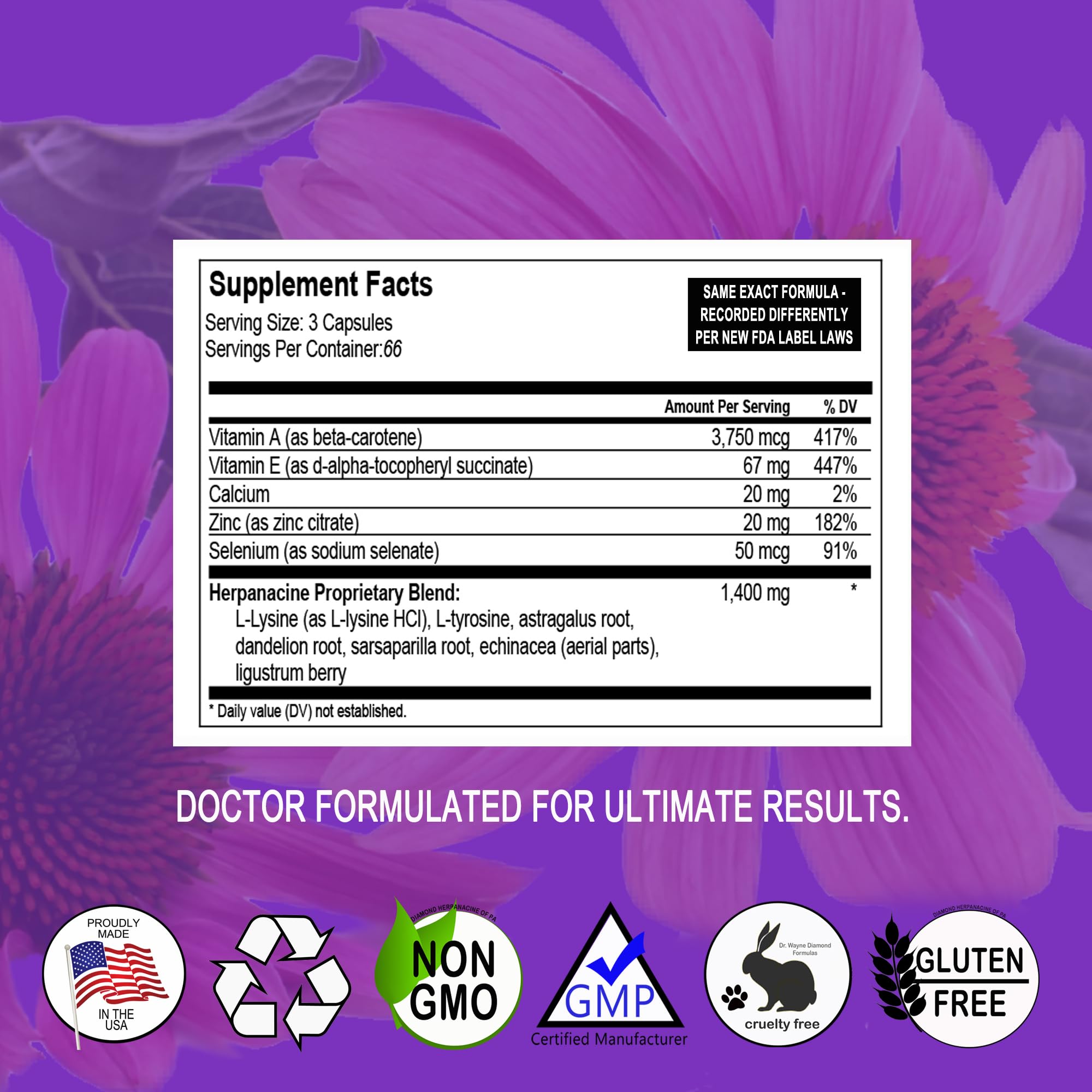 Herpanacine Diamond capsules closeup showing clean, dairy-free formula