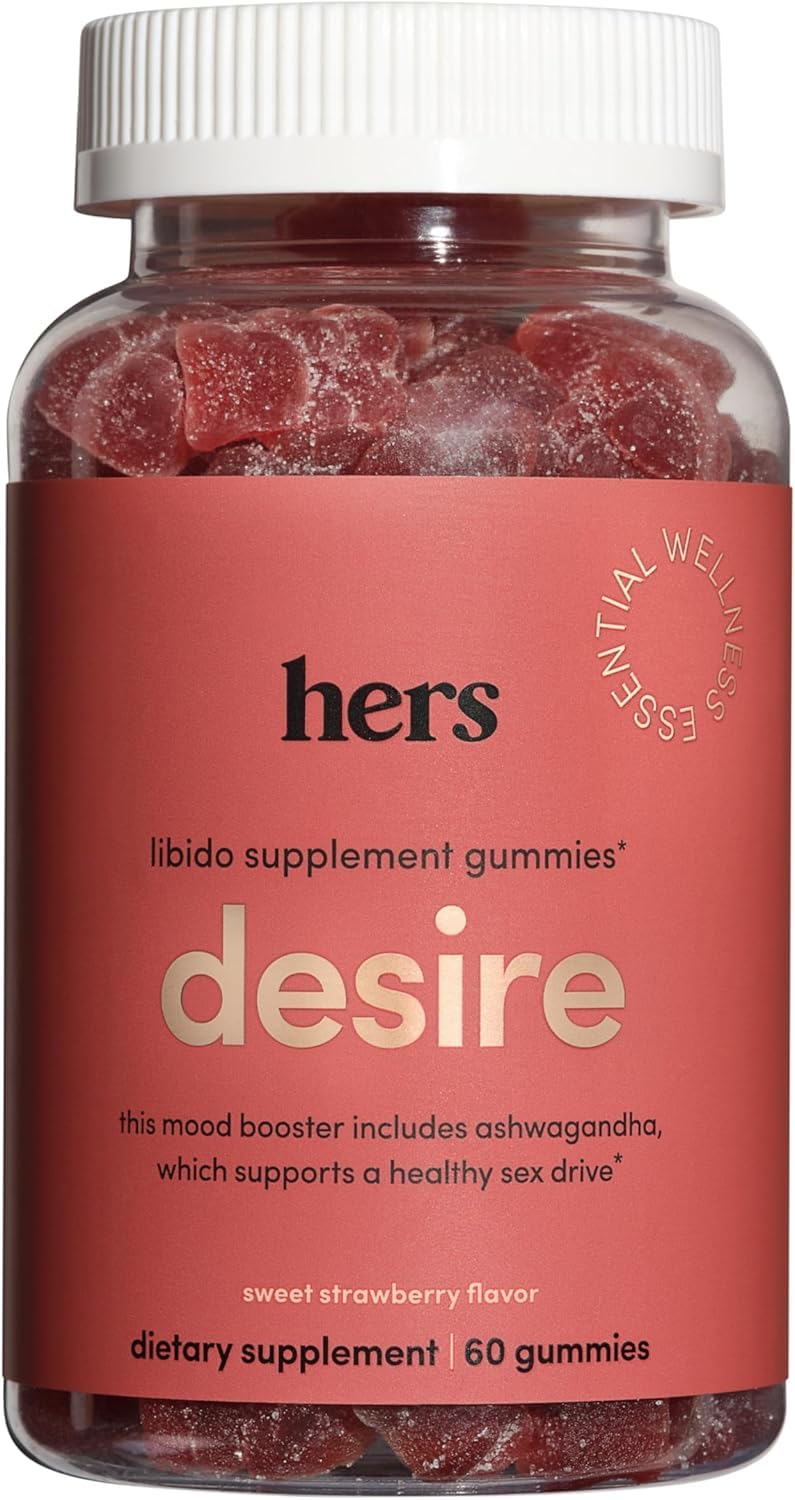 Hers Desire strawberry gummy bottle, vegan and gluten-free wellness support.