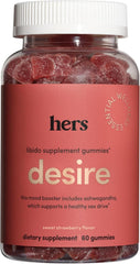 Hers Desire strawberry gummy bottle, vegan and gluten-free wellness support.