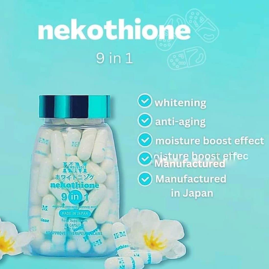 HerSkin Nekothione capsules closeup highlighting ingredients like collagen and glutathione