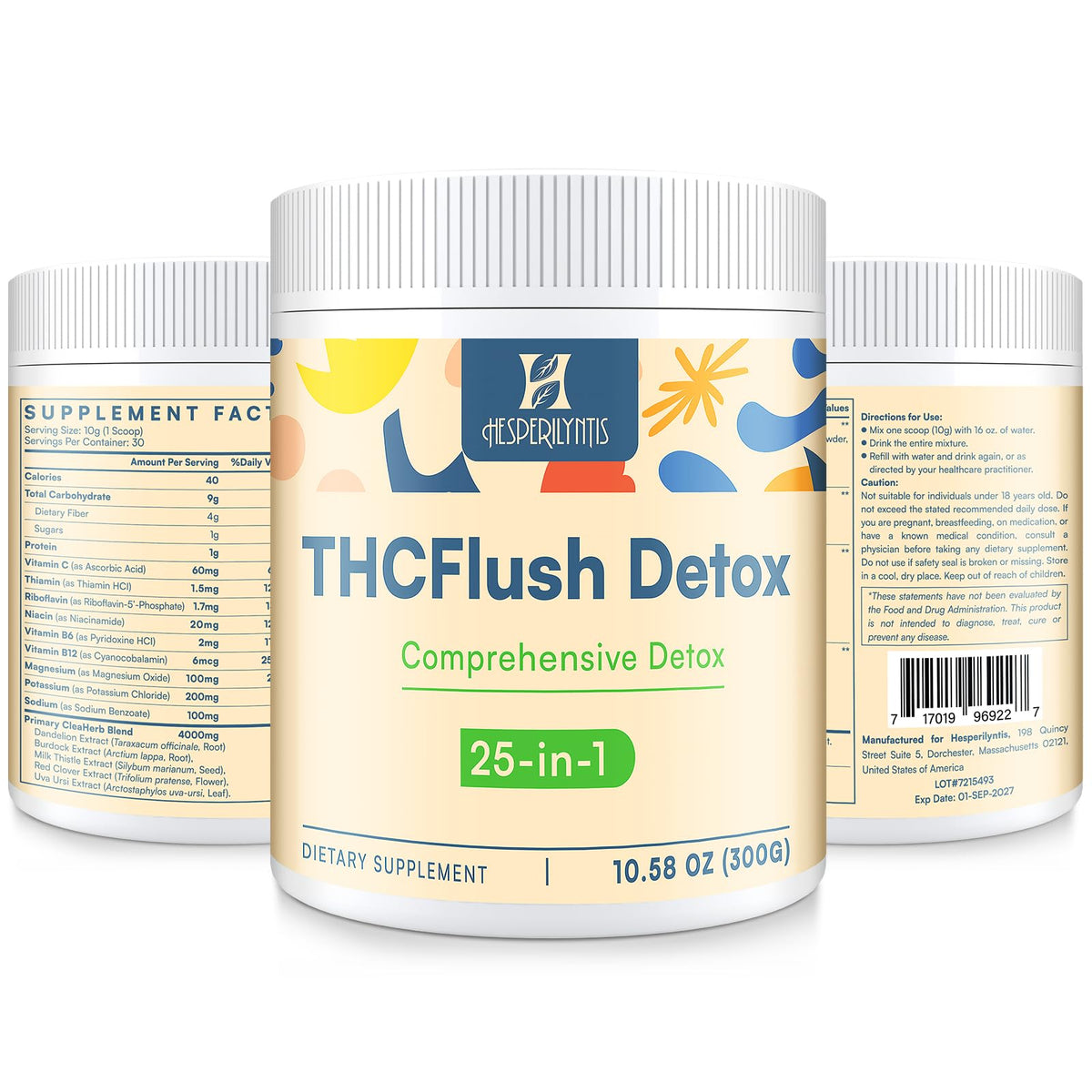 Hesperilyntis Detox Powder bottle label close-up shows natural 25-in-1 blend for daily wellness.