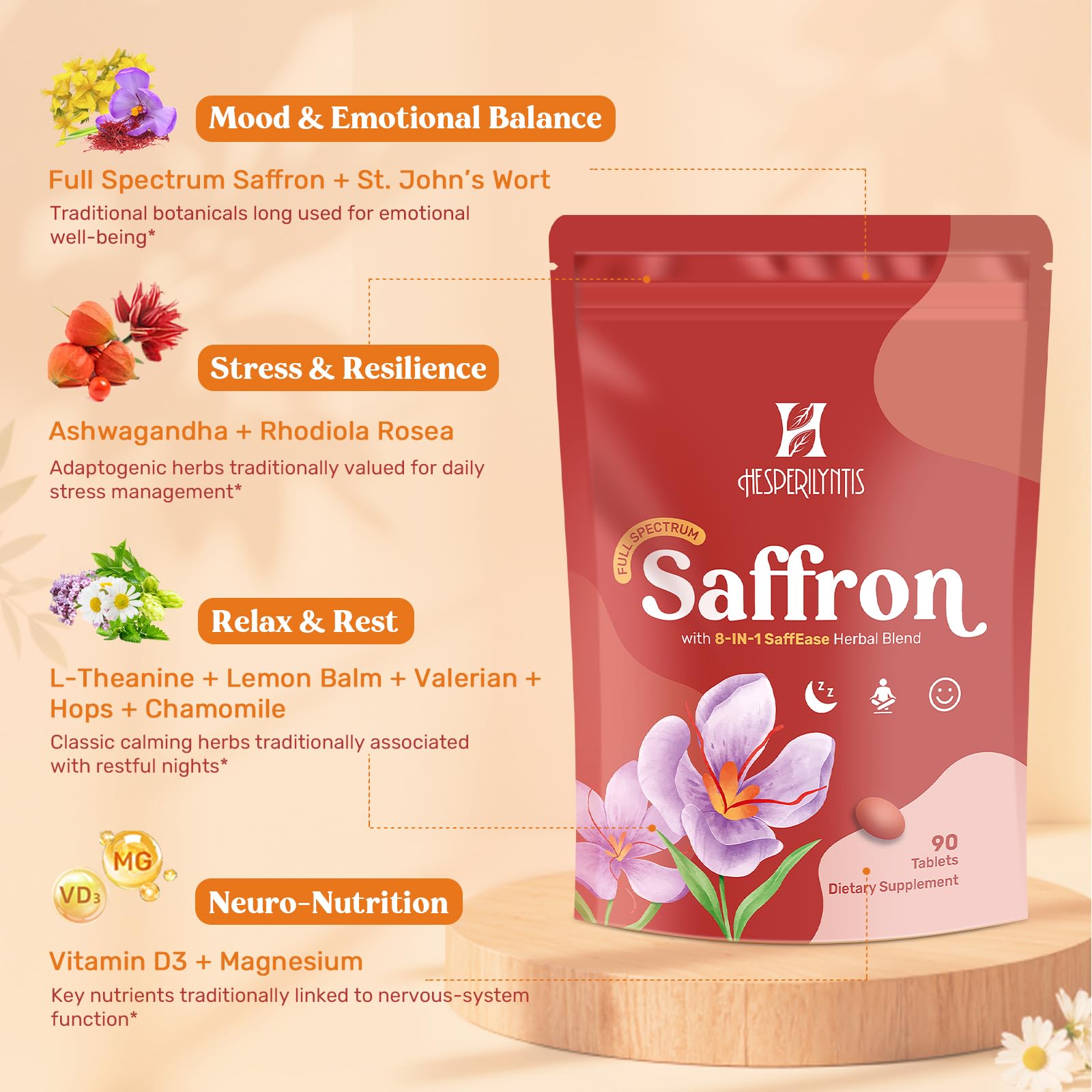 Hesperilyntis saffron with magnesium and vitamin D3 close-up on supplement bottle.