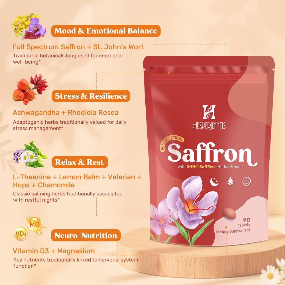 Hesperilyntis saffron with magnesium and vitamin D3 close-up on supplement bottle.