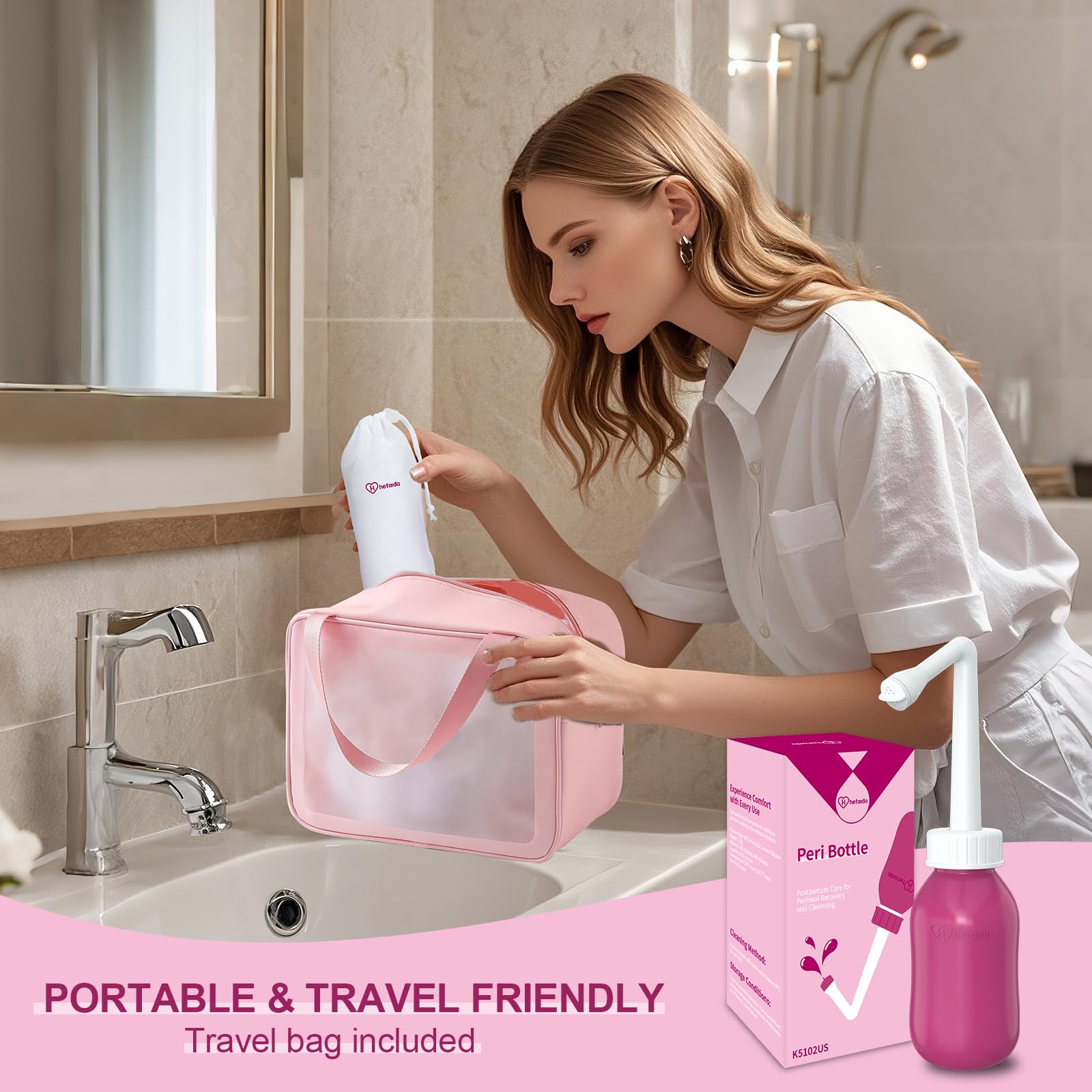 Hetaida peri bottle in its travel bag, ready for on-the-go care