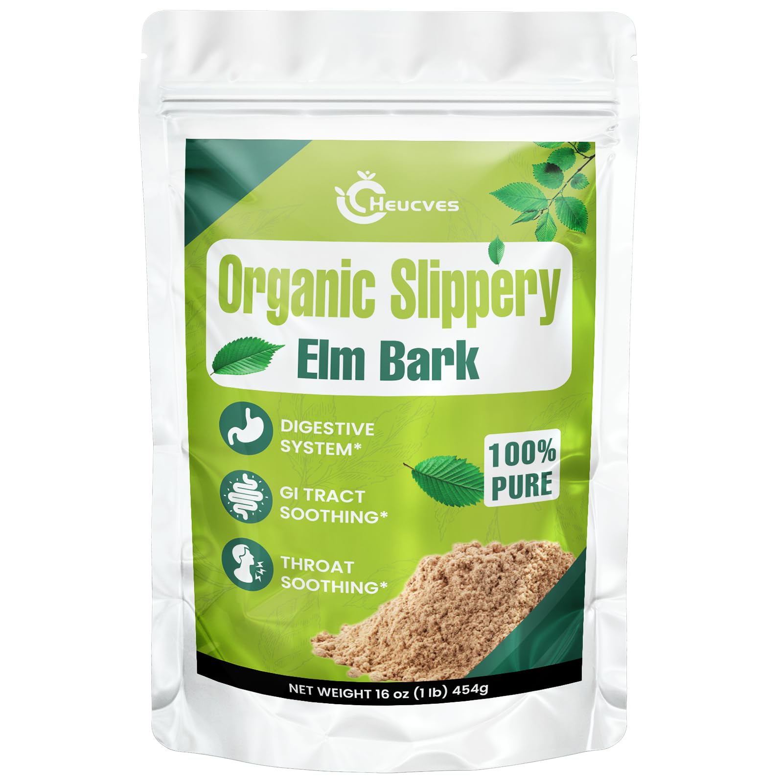 Heucves Slippery Elm powder bag shows pure inner-bark content for daily use