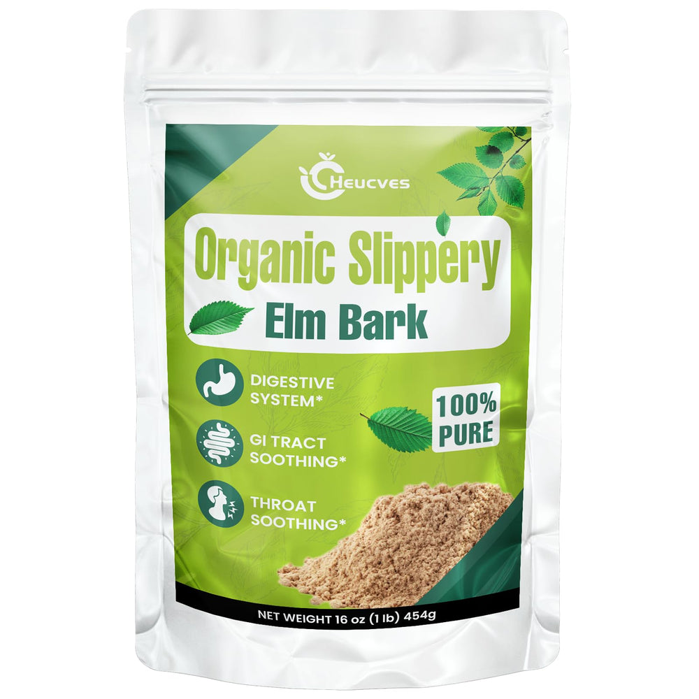 Heucves Slippery Elm powder bag shows pure inner-bark content for daily use