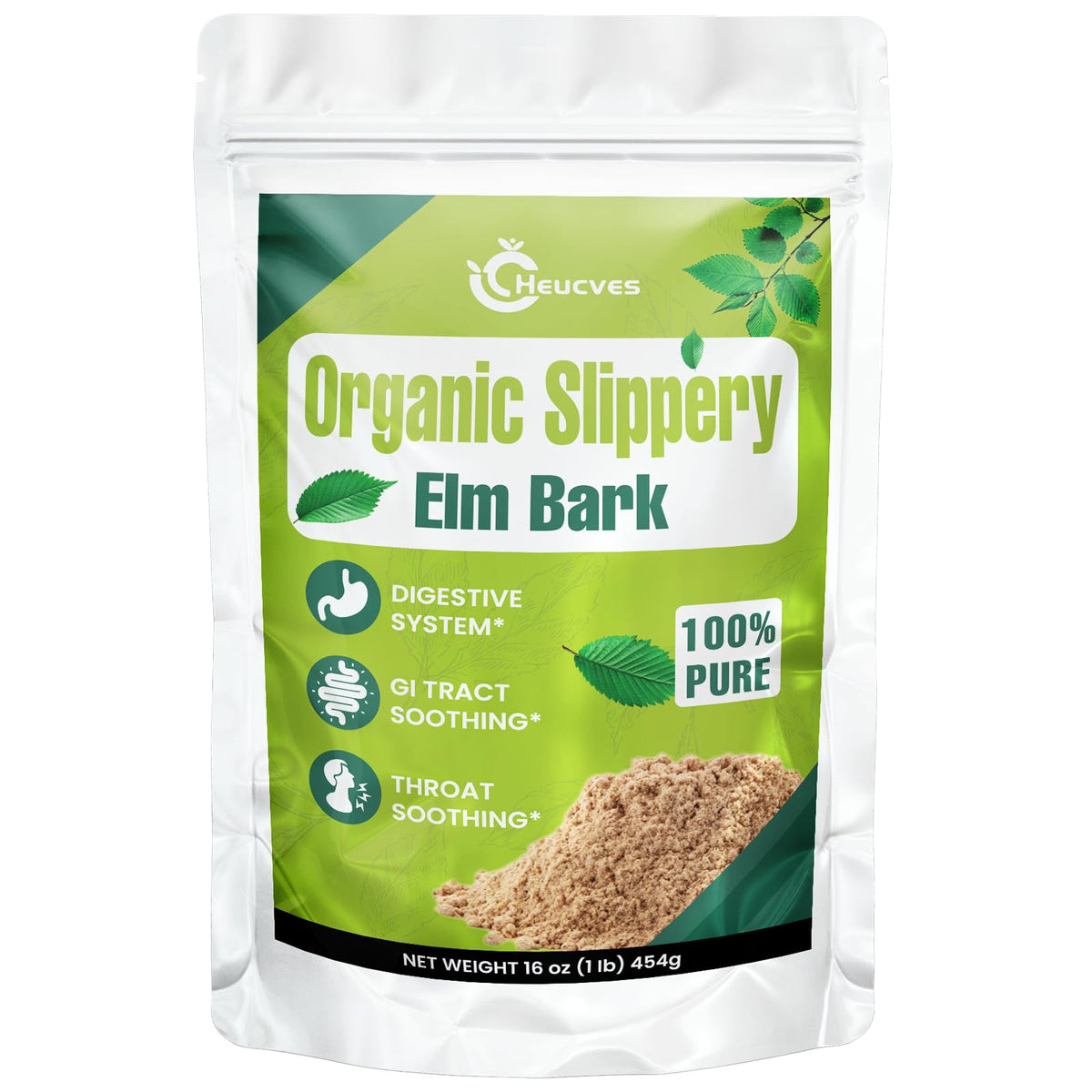 Heucves Slippery Elm powder bag shows pure inner-bark content for daily use