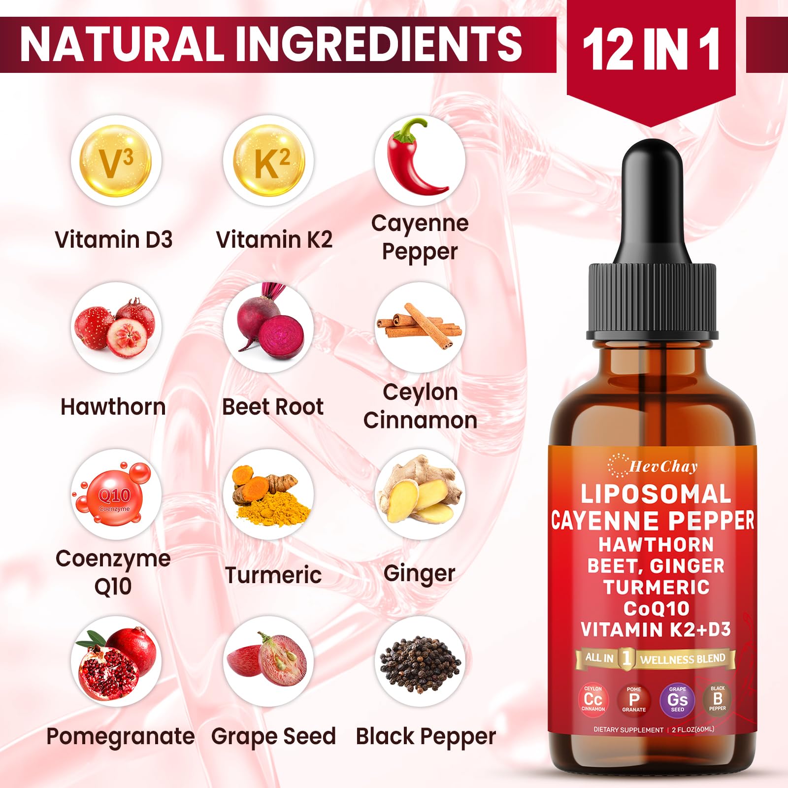 HevChay Cayenne Pepper Drops label emphasizes organic ingredients and purity.