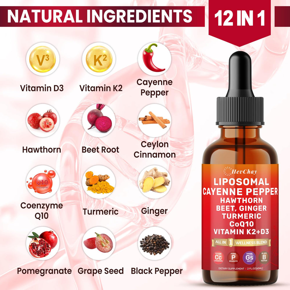 HevChay Cayenne Pepper Drops label emphasizes organic ingredients and purity.