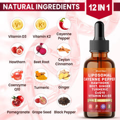 HevChay Cayenne Pepper Drops label emphasizes organic ingredients and purity.