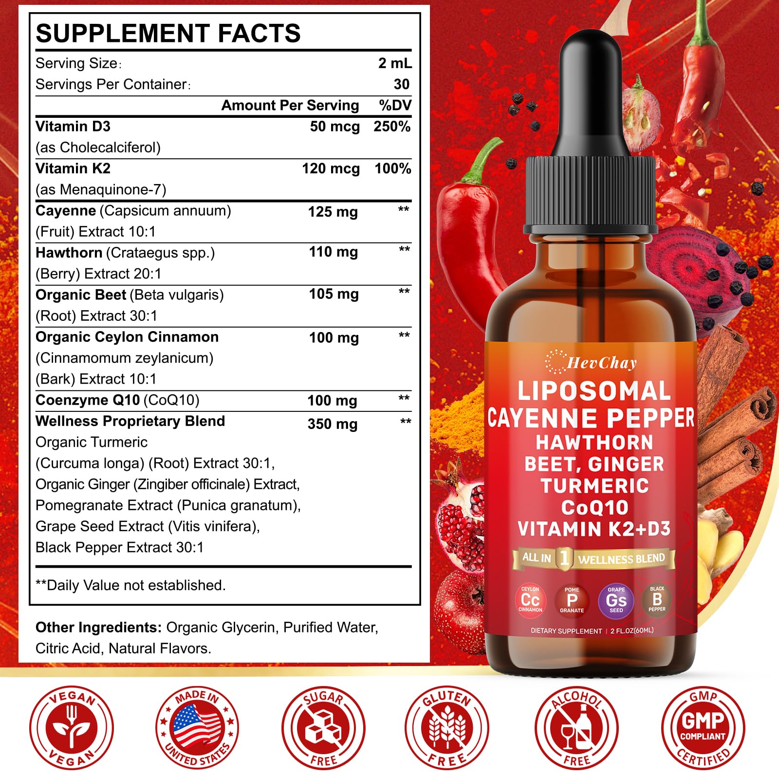HevChay Cayenne Pepper Drops pour shows easy dosing for circulation support.
