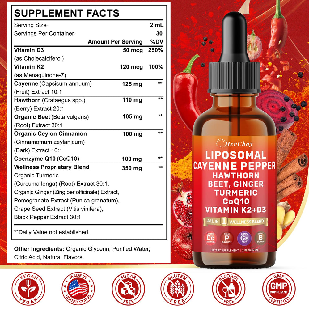HevChay Cayenne Pepper Drops pour shows easy dosing for circulation support.