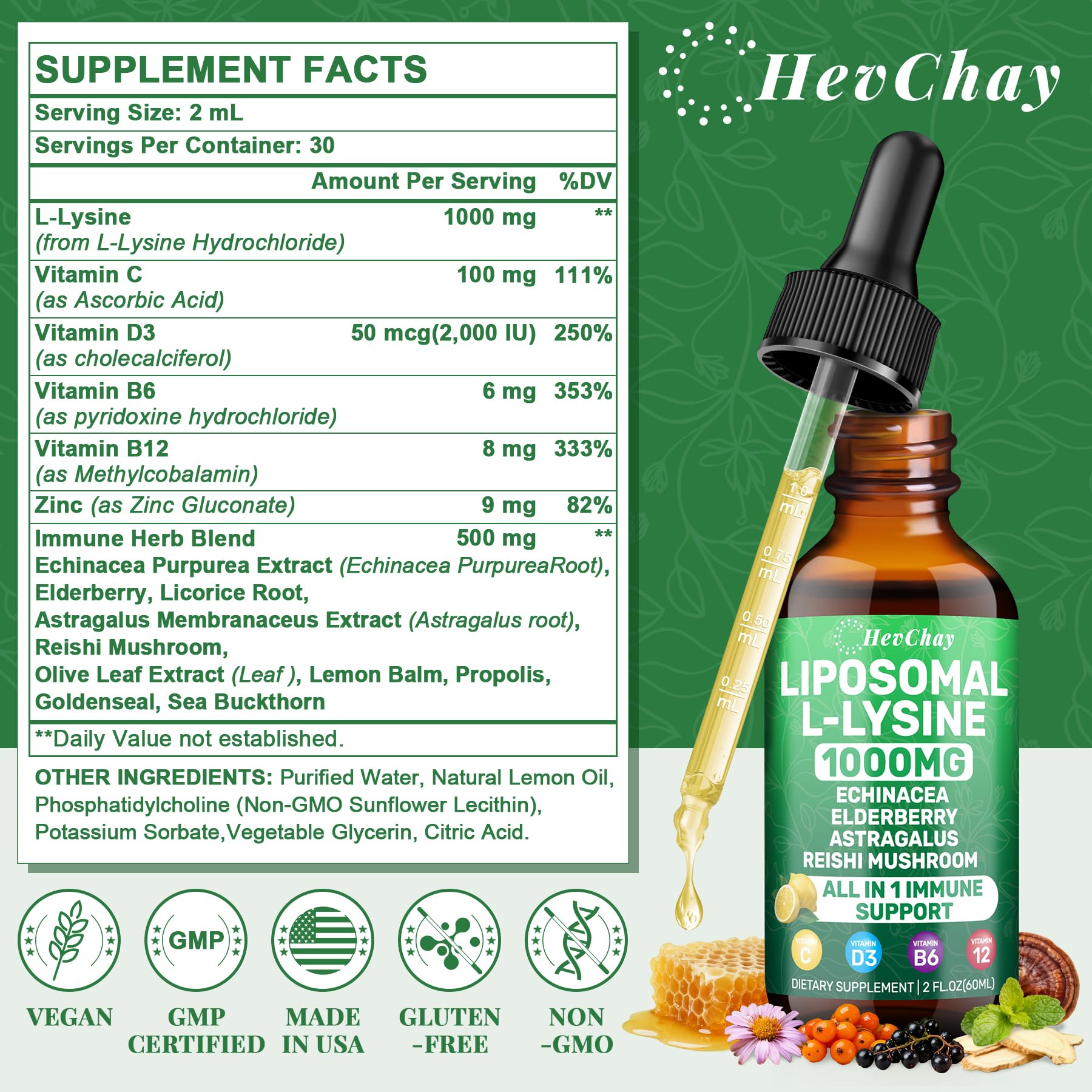 HevChay Lysine liquid drops with measuring dropper for precise dosing