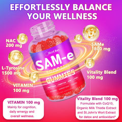 Serving panel for HevChay SAM-e gummies shows three gummies per day.