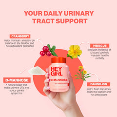 Cranberry-hibiscus-dandelion extracts visual emphasizes urinary tract support.