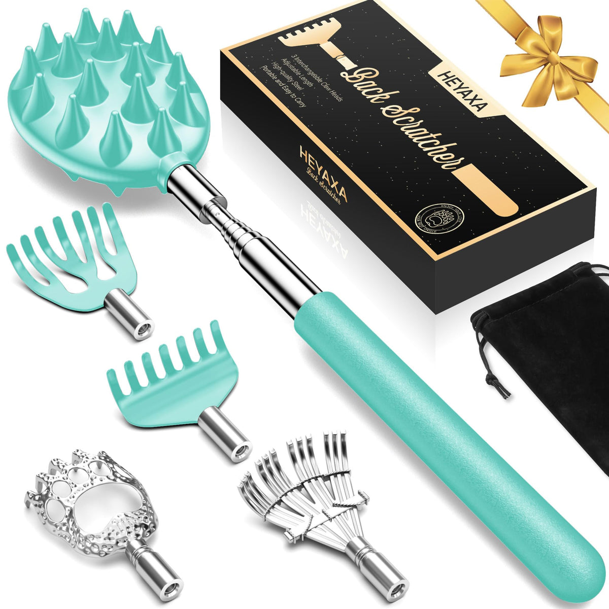 HEYAXA telescoping back scratcher with 5 heads for easy reach and customized relief.