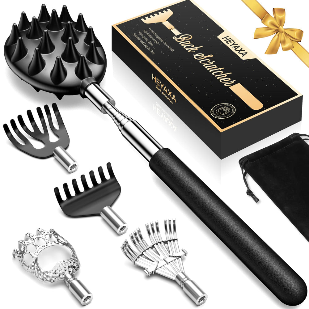 HEYAXA telescoping back scratcher with five detachable heads for versatile reach