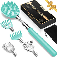 HEYAXA telescoping back scratcher with 5 heads for easy reach and customized relief.