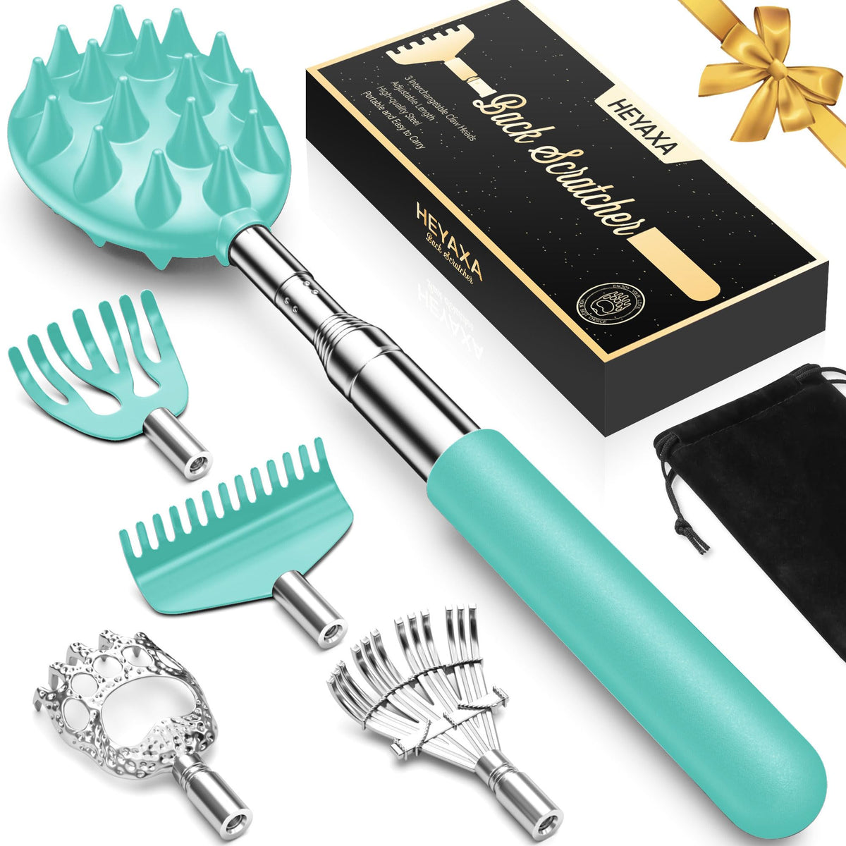 HEYAXA back scratcher with five heads and telescoping reach for hard-to-reach spots