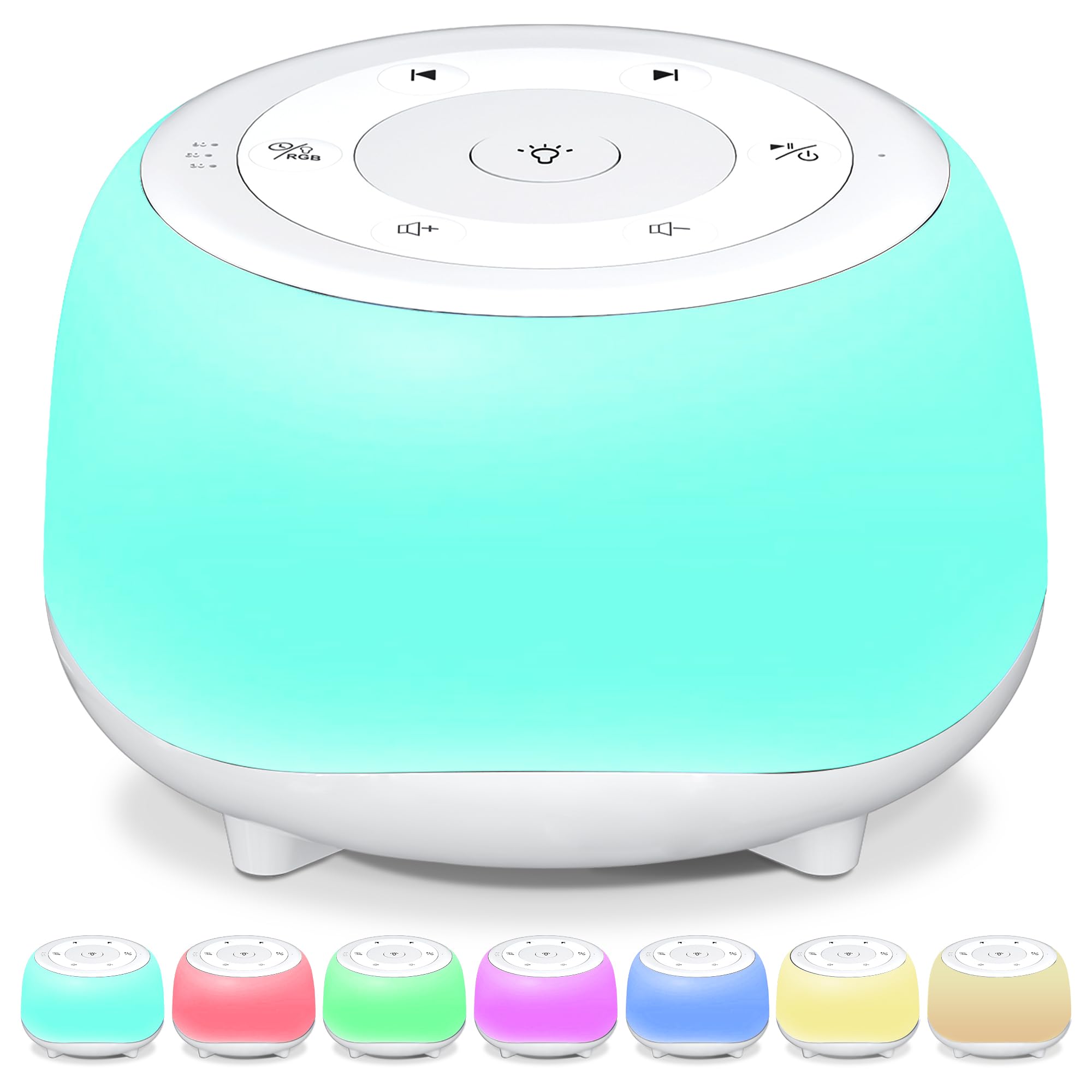 HEYAXA white noise sound machine with 7 colors night light enhances bedtime ambiance.
