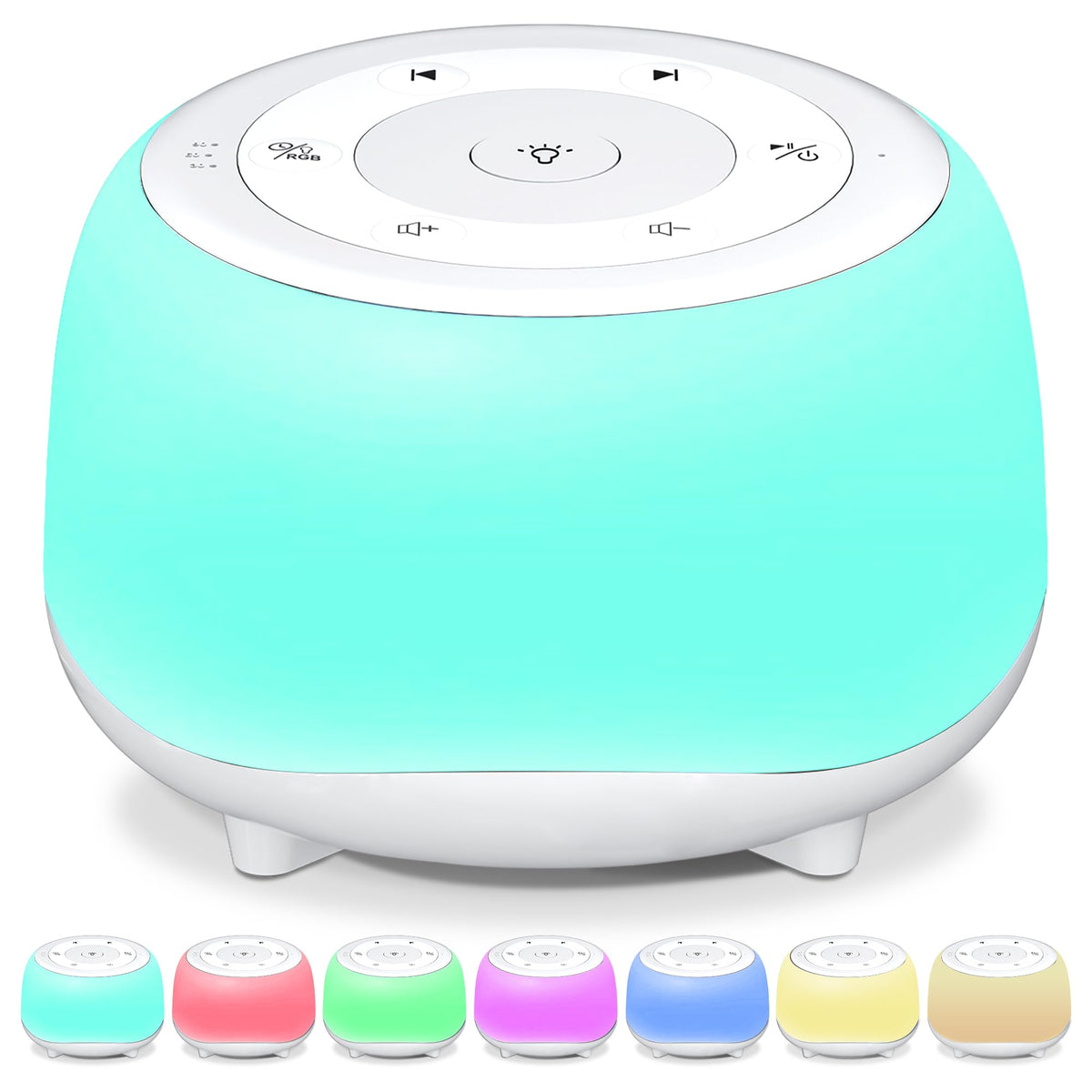 HEYAXA white noise sound machine with 7 colors night light enhances bedtime ambiance.