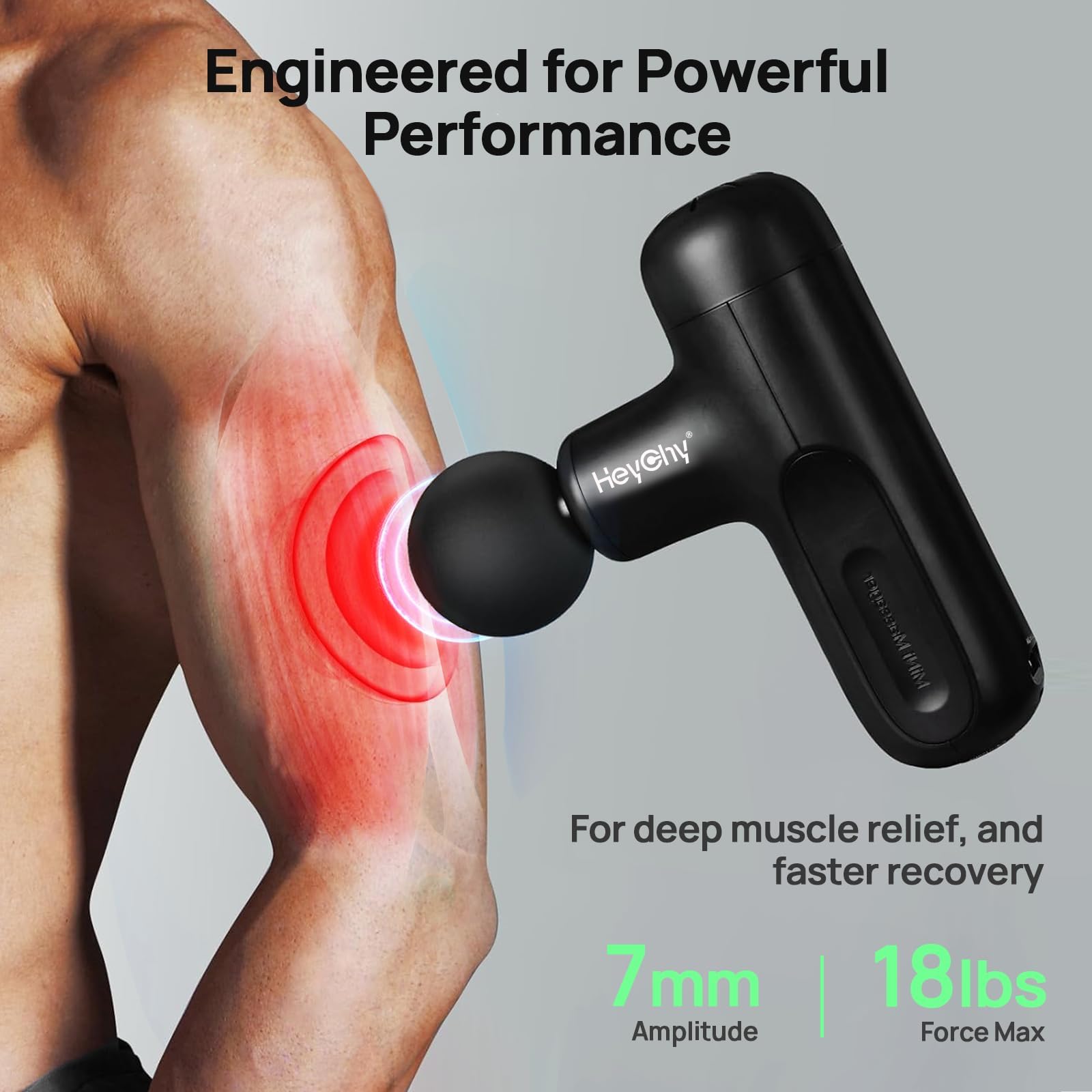 HEYCHY Super Mini Massage Gun powered by a 3000 RPM motor for strong yet controlled impact.