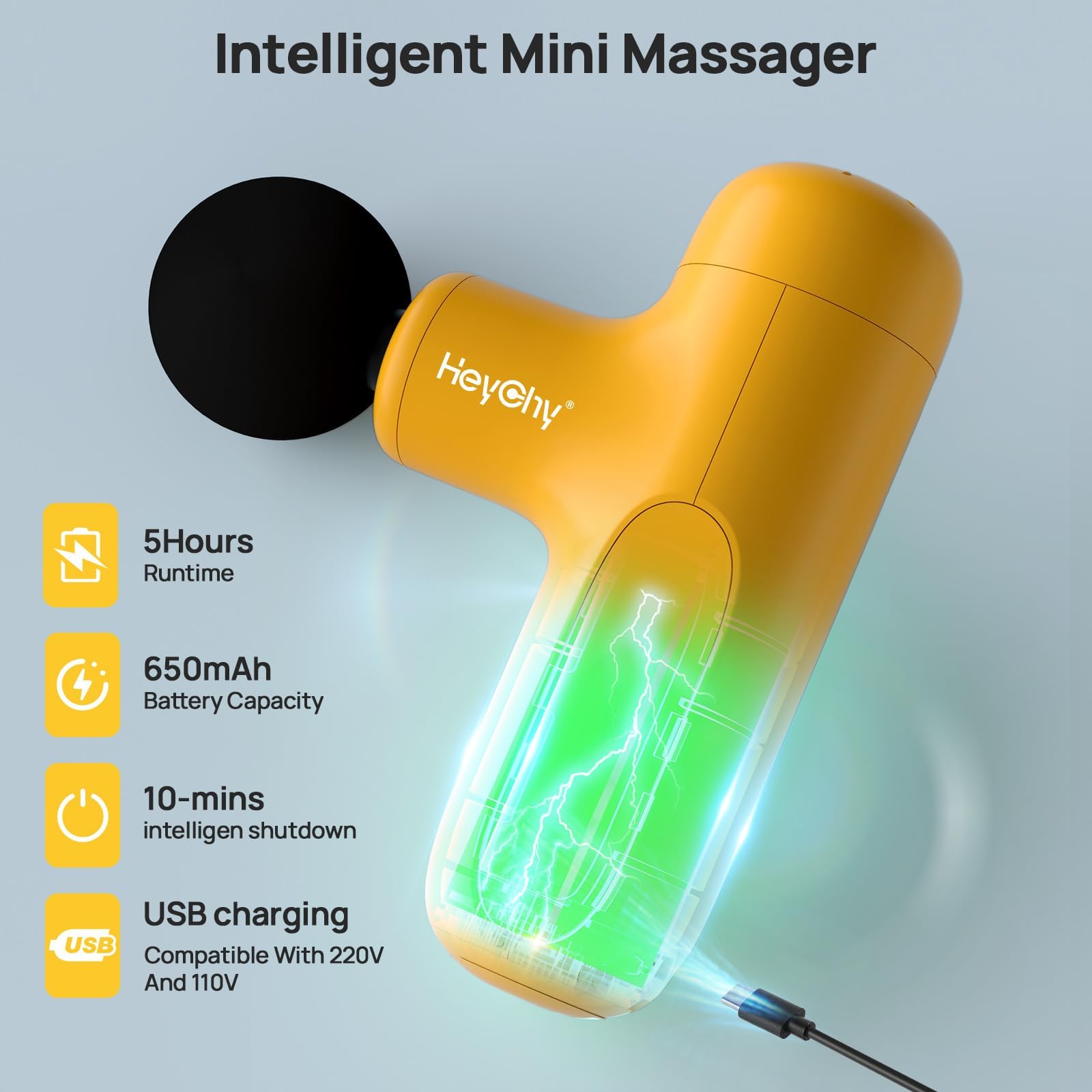 HEYCHY mini massager includes four silicone heads for various body areas.