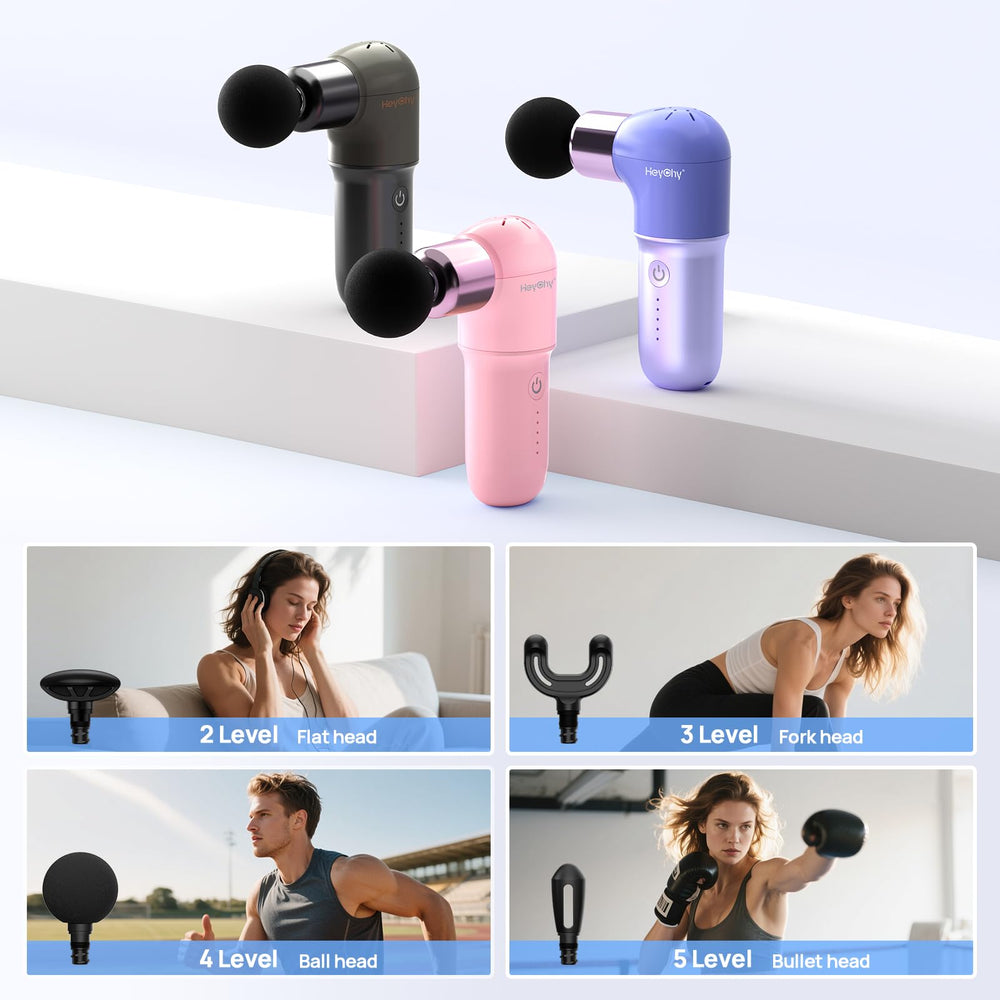 HEYCHY Super Mini Massage Gun displaying 5 speeds and 4 attachments for customization.