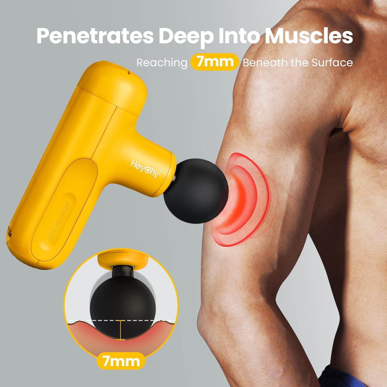 HEYCHY massage gun with 7mm amplitude for targeted percussion.