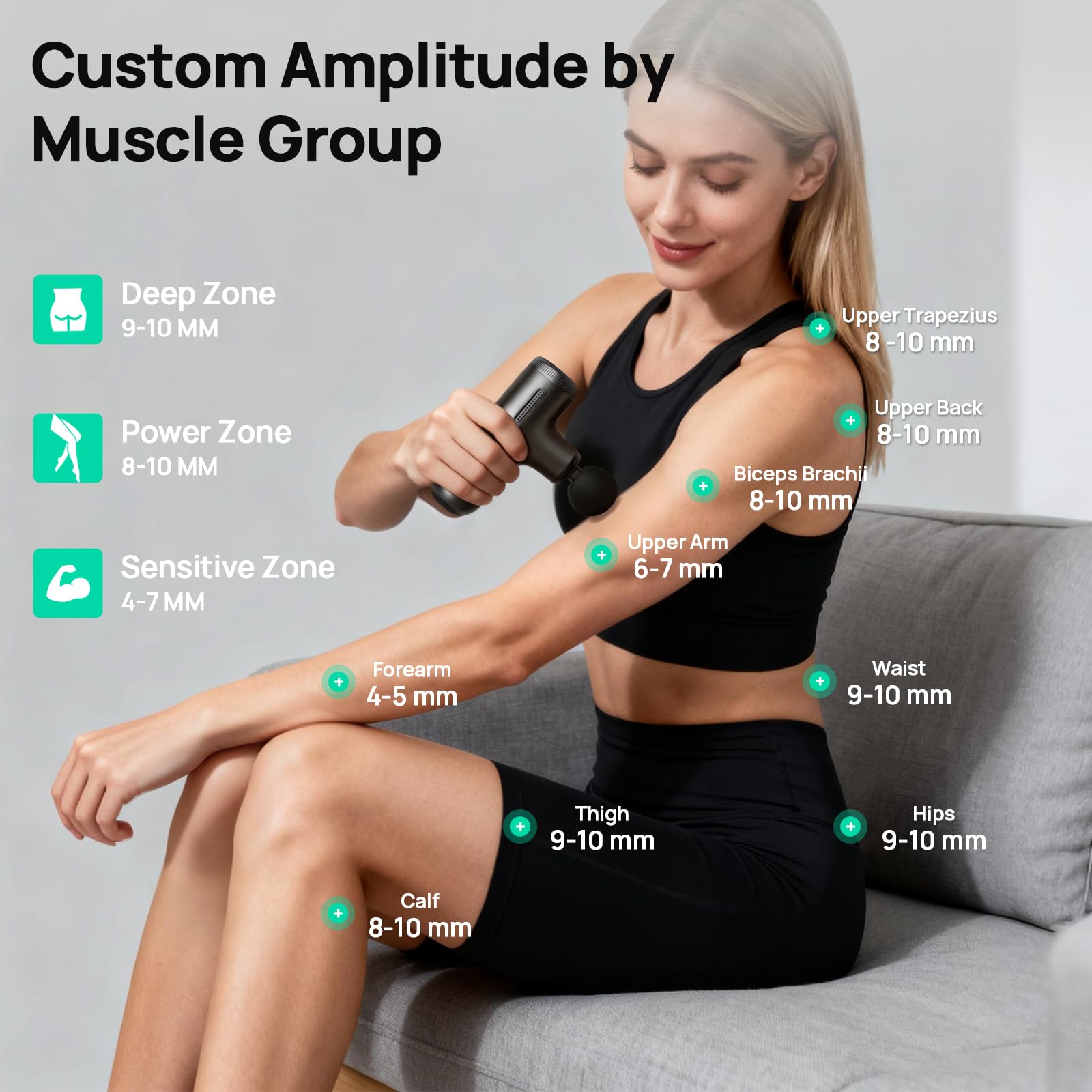 HEYCHY Super Mini Massage Gun amplitude range from 4 to 10 mm for depth control.