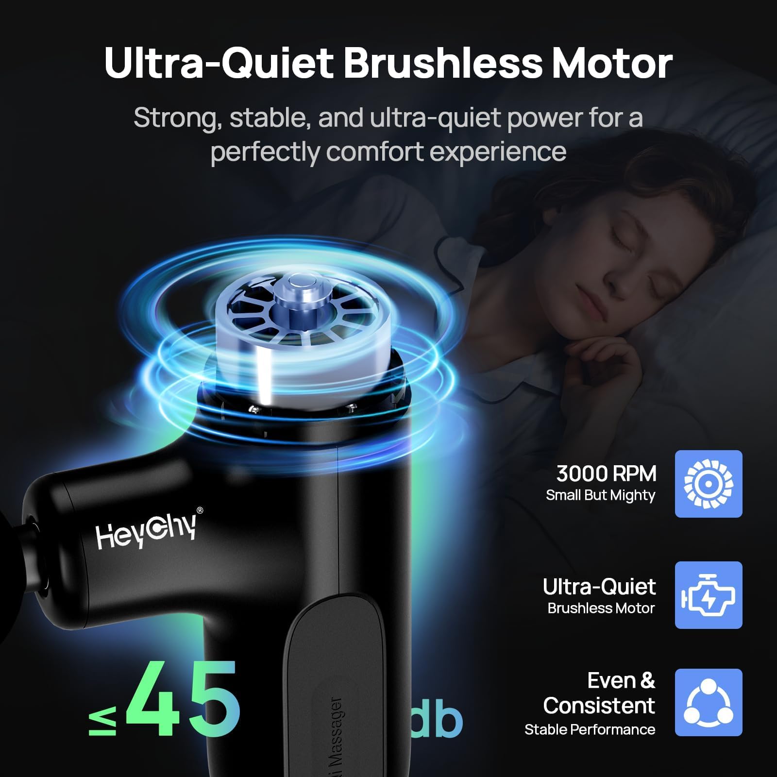 HEYCHY massage gun with four heads attached for versatile targeting on different body parts.