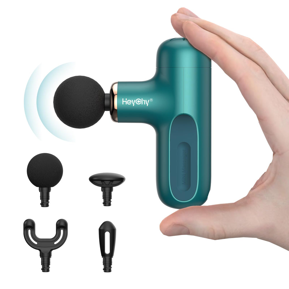 HEYCHY Super Mini Massage Gun shows a compact pocket design for travel relief