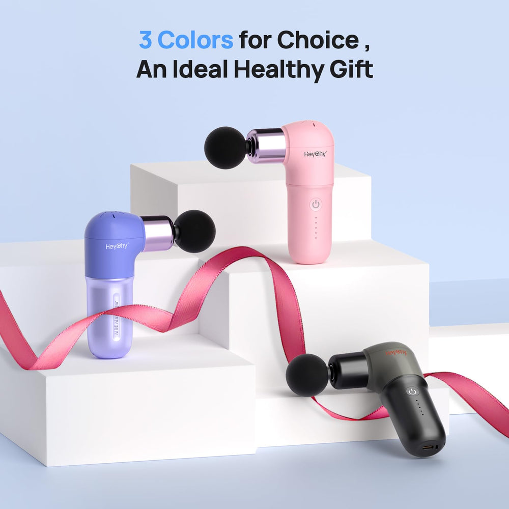 HEYCHY Super Mini Massage Gun with drawstring pouch for organized transport.