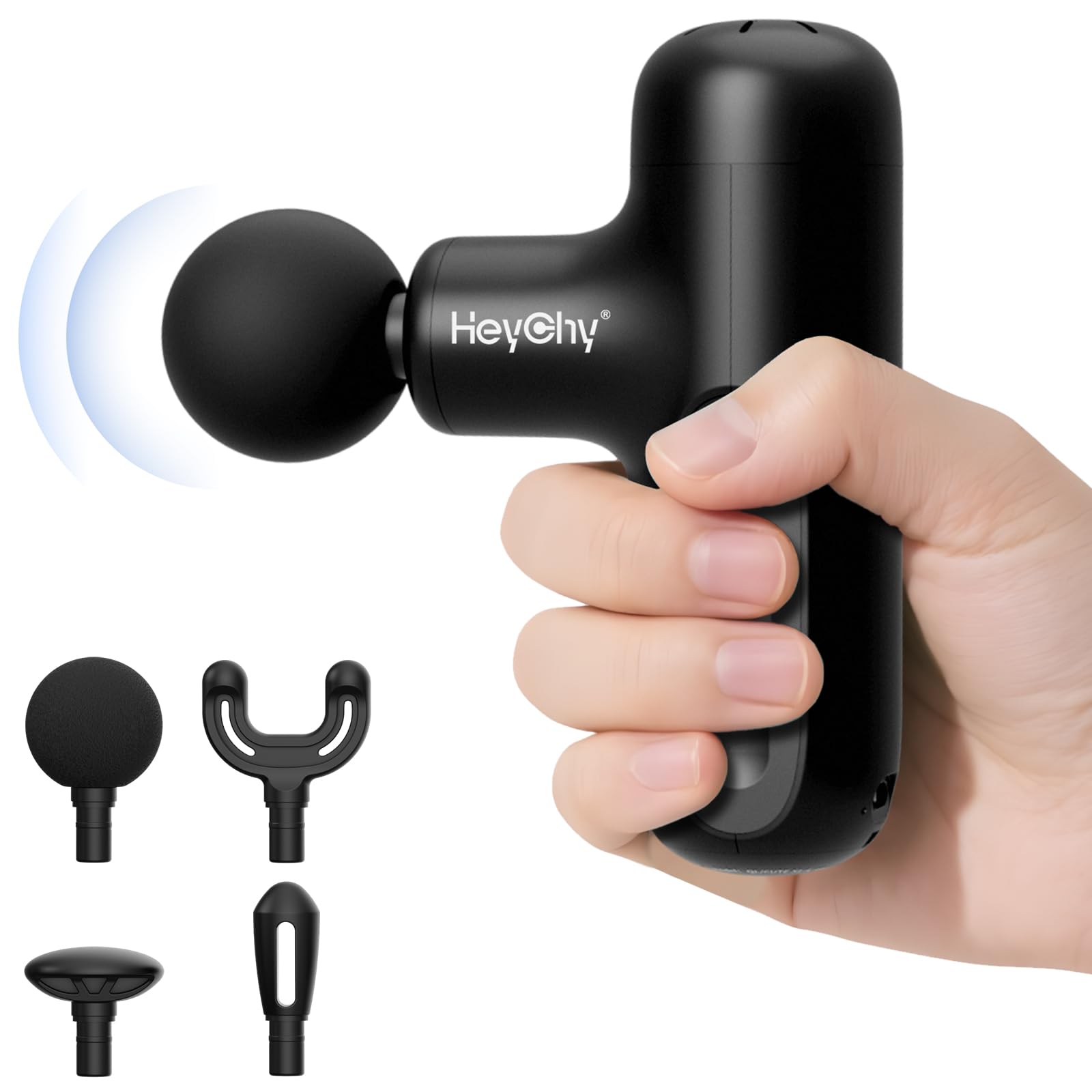 HEYCHY Super Mini Massage Gun front view showing portable, travel-ready design for on-the-go relief.