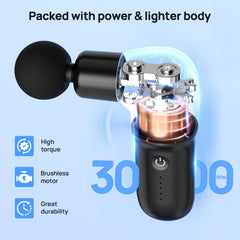 HEYCHY Super Mini Massage Gun shown as a compact, pocket-size massager for on-the-go relief.