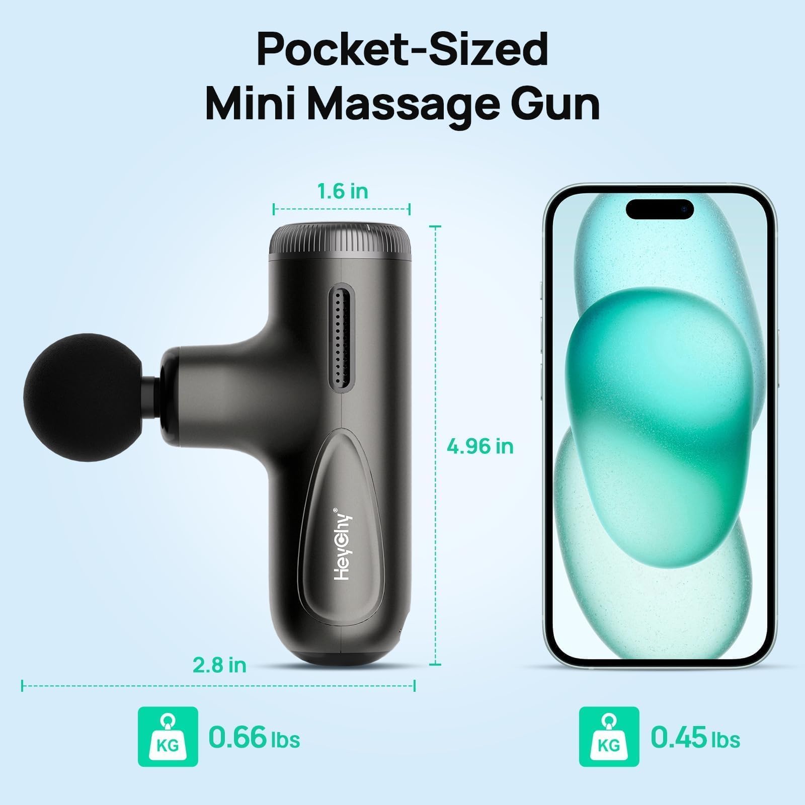 HEYCHY Super Mini Massage Gun supports USB C charging for quick recharges.