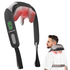 Heycool cordless neck massager strapped on shoulders for hands-free relaxation