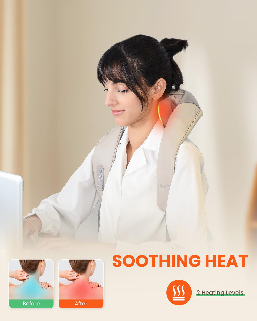 Heat levels adjustable for personalized relaxation during breaks